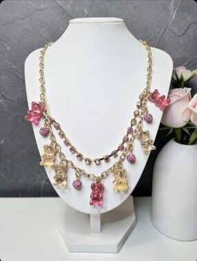 Betsey Johnson Super Cute Pink Gummy Bear Charm AB Crystal Statement Necklace